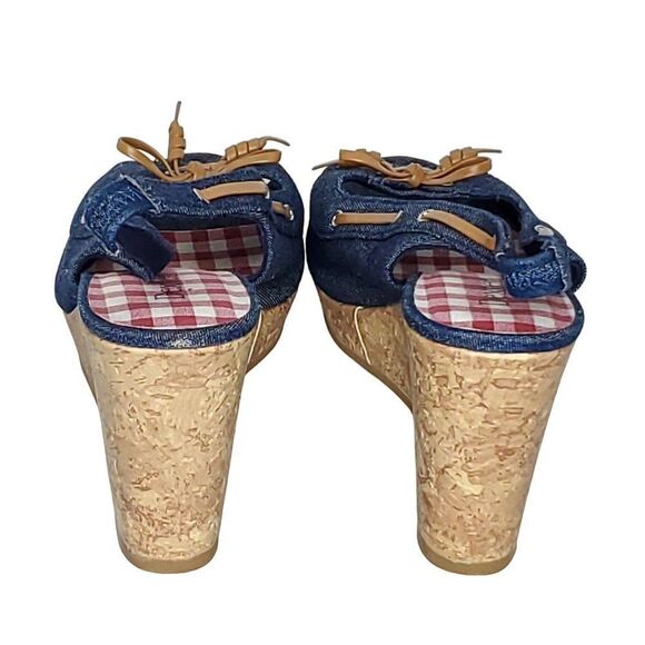 NEW Dexture Denim Slingback Wedge Sandal 9 Bow Cork Look Peep Toe Blue Brown - Picture 4 of 5
